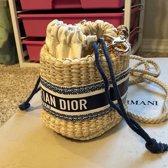Christian Dior Wicker Bucket Bag Mini Straw Crossbody Navy Blue Natural GWP - Picture 3 of 7